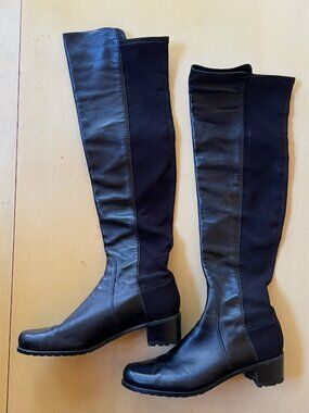 Stuart Weitzman Black Leather Over the Knee Boot Block Heel Made in Spain